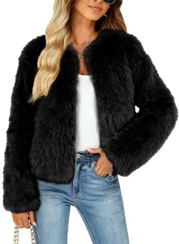 Funlingo Womens Faux Fur Coat Winter Long Sleeve Zip Up Warm Cropped Jacket Crew Neck Trendy Furry Outerwear Black M