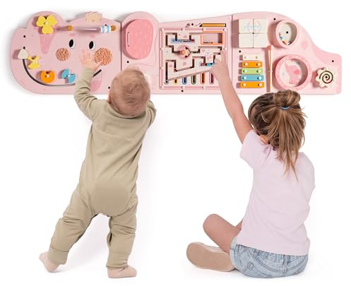 ROBUD Montessori Motorikbräda trä – 11-i-1 Busy Board väggleksak för barn från 18 månader, Montessori leksak baby motorikbräda med xylofon, trumma, spegel och vriddelar, rosa | 12-i-1 sensoriskt lärande, platsbesparande väggspel, Montessori-finmotorspel, interaktivt sensoriskt väggspel
