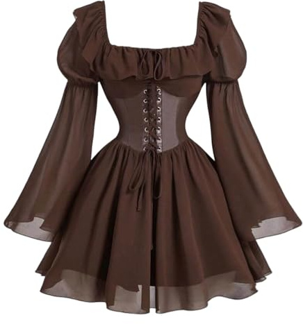 GMQWRK Women Renaissance Dress Ruffle Square Neck Flare Sleeve Chiffon Short Dresses Patchwork Vintage Lace-up Front Shirred Smocked Back Dress Medieval Gothic Carnival Halloween Dresses Brown