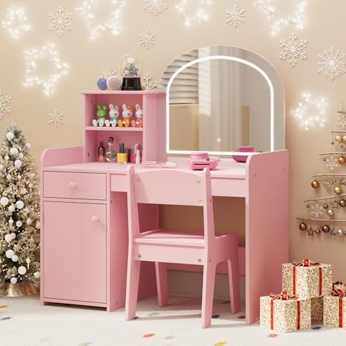 Gizoon Kids Vanity Desk with Mirror and Lights, Kids Makeup Vanity with 2 Tier Open Shelves Drawer and Cabinet, Todder Vanity Table and Chair Set for Little Girl, Pink
