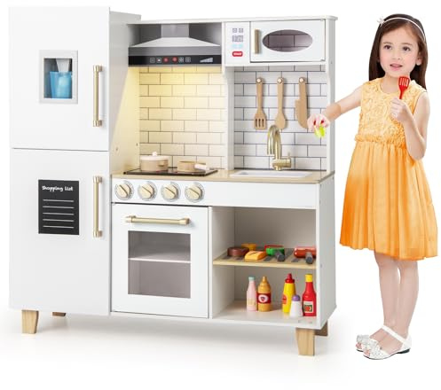 COSTWAY Barnkök med Ljus och Ljud – Träkök med Ismaskin, Köksfläkt, Grill, Ugn & Tavla – Leksakskök med Tillbehör för Barn från 3 År – Vit och Säker Design