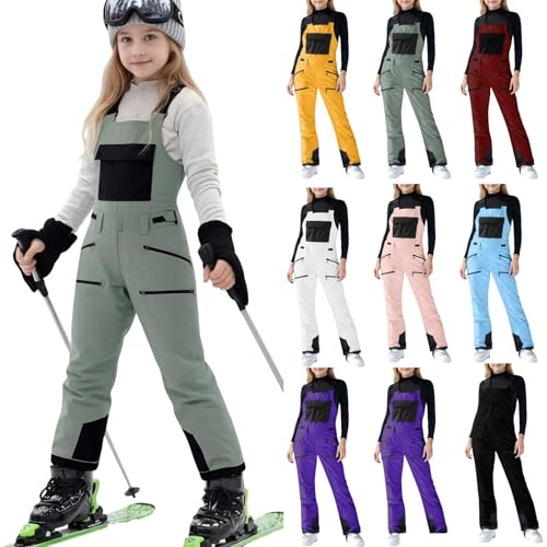 Bavaglino da neve per ragazze, tuta termica da sci per ragazze, pantaloni da sci impermeabili, con cinghia regolabile, tuta da snowboard per bambini, tuta da neve calda invernale con tasche multiple