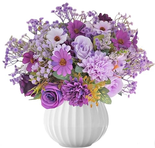 22Pcs Artificial Flowers Purple 2 Bundles Fake Rose Bouquet and 20 Baby Breath Plastic flowers,Faux Rose Hydrangea Daisy Silk Flowers for Wedding Home Party Table Arrangement indoor plant Deco