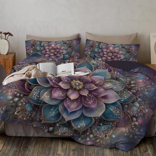 Twin Duvet Cover Sets - Metallic Effect Mandala Pattern Pattern Print Reversible Duvet Set (1x Quilt Cover, 1 x Pillowcases) Soft Microfibre Bedding Bed Set 68x 90, Purple