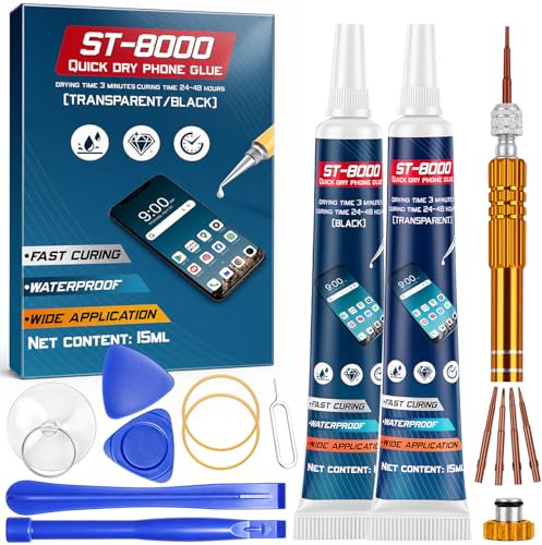Pegamento Pantalla Movil - Pegamento Fuerte con Herramientas de Reparación, Super Glue para Moviles Textil Cámaras Tela Zapatos Metal Maquetas Ceramica Cristal, 15ml x 2, Transparente y Negro