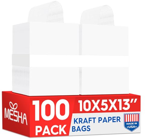 MESHA Gift Paper Bags White 10x5x13 Inches 100pcs Medium Gift Bags with Handles Bulk,White Kraft Paper Bags for Small Business,Shopping Bag for Grocery,Wedding Party Favor Bags