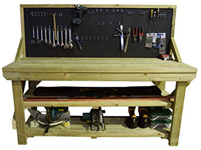 Workbench With Pegboard and Double Shelf - 46 Piece Peg Kit INCLUDED - Heavy Duty - Pressure Treated - Handmade Garage Workshop Work Table (6ft)