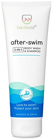Exershield 2 in 1 Chlorine Body Wash and Chlorine Shampoo for Swimmers - After Swim Chlorine Odor Removal Body Wash and Swimmer Shampoo; NEW IMPROVED CAP DESIGN