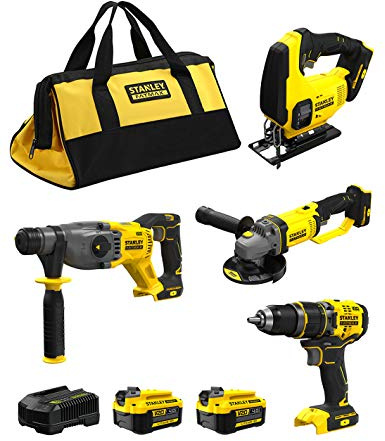 STANLEY FatMax Kit SVK20424B (Schlagbohrschrauber SFMCD721 + Kombihammer SFMCH900 + Stichsäge SFMCS600 + Mini-Schleifer SFMCG400 + 2 Batterien 4,0 Ah + Ladegerät + Tasche XL)