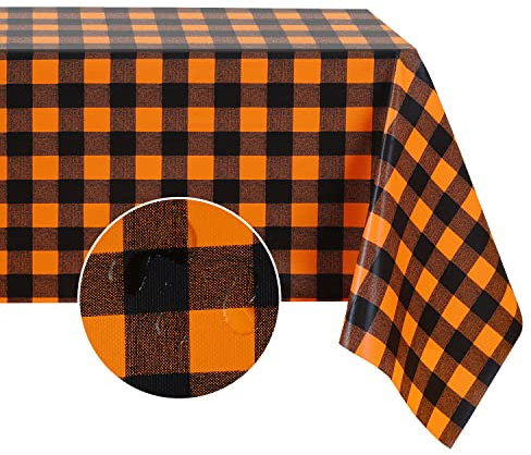 Romanstile Rectangle Vinyl Tablecloth, 100% Waterproof Buffalo Gingham Plastic Table Cloth, Heavy Duty Wipeable Checkered Table Covers for Outdoor, Camping, Picnic, Patio - 54 x 108, Black and Orange