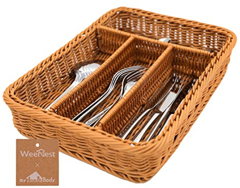 myHomeBody 1 porte-ustensiles rectangulaire en osier, Organiseur de tiroir à ustensiles, Organiseur de tiroir de cuisine, Accessoires de cuisine, 1 pièce, marron clair