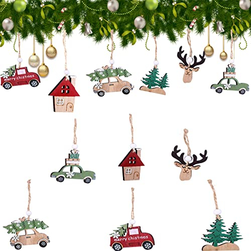 12 Stücke Holzanhänger Weihnachten, Christbaumschmuck Anhänger, Weihnachtsanhänger aus Holz, für in Schlafzimmern, Wohnzimmern, Büros, Schaufenstern, Cafés, Restaurants (3 Farben)