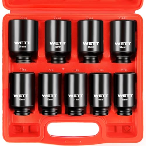 WETT 1/2 Drive Deep Large Impact Socket Set, 9-Piece Spindle Axle Nut Metric 6 Point Sockets Set, CR-V, 29mm-38mm