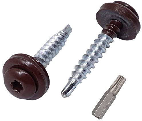 SKIR'CO 40 viti per coperture in metallo, 4,8 x 28 mm verniciate autoperforanti con rondelle EPDM, vite Torx in lamiera (40, marrone cioccolato RAL 8017)