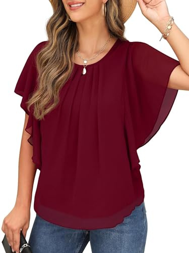 QIXING Chemisiers et Blouses Femme Manche Courte T Shirt d'été Décontracté à Manche Chauve-Souris et Col Rond en Mousseline de Soie pour Femme Haut Femme Mode