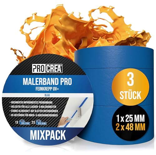 PROCREA® 3x Premium Malerkrepp Pro UV [Mixpack 2x 48 mm + 1x 25 mm] Blaues Kreppband Malerband für innen & außen - Wasser- & Hitzebeständiges Abklebeband zum Streichen, Lackieren und Renovieren