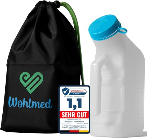DAWRIS Urinal pour homme - 1200 ml - Avec sac de rangement étanche noir - Avec cordon de serrage - Bouteille avec bouchon pour le lit - Bouteille d'urine