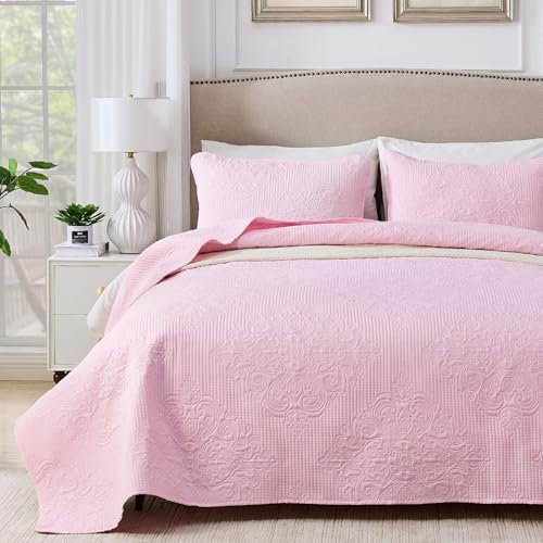 Qucover Light Pink Bedspread King Size, 3-Piece Polyester Breathable Floral Pattern Ultrasonic Quilting Technology Lightweight Summer Bedspreads with Pillow Shams, 240x260cm