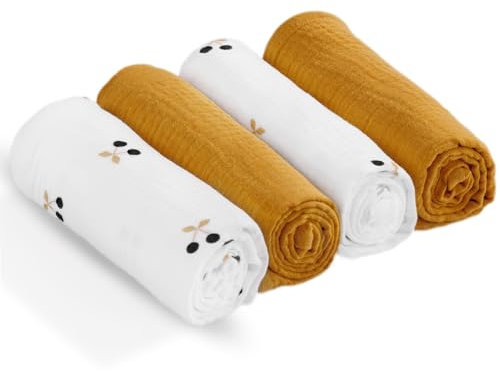 tiny ton Baby Mulltücher | Spucktücher – 100% GOTS Bio-Baumwolle, 4er-Set (60x60 cm), weich, saugfähig & atmungsaktiv. Vielseitige Spucktücher – zum Kuscheln, Reinigen & Abdecken (Gelb)