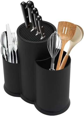 Ceppo portacoltelli 3 in 1 senza coltello, portacoltelli, blocco portacoltelli rotondo, nero, portaposate, portapenne, adatto per tutti i coltelli da cucina