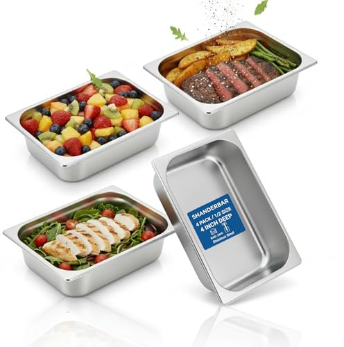 4 Pack 1/2 Half Size Hotel Pans, 4 Inch Deep Stainless Steel Steam Table Pans Breading Tray Buffet Food Pan, Square Commercial Hotel Pan for Chafing Dishes, Restaurants, Party Catering Supplies