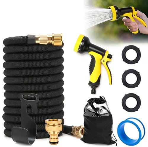 WDKXCN Flexibler Gartenschlauch 15m, Wasserschlauch Flexibel mit 10 Funktionssprühdüsen, Gartenschlauch Flexibel mit Unterlegscheiben Klebeband und Metallanschlüsse, Gartenschlauch Dehnbar
