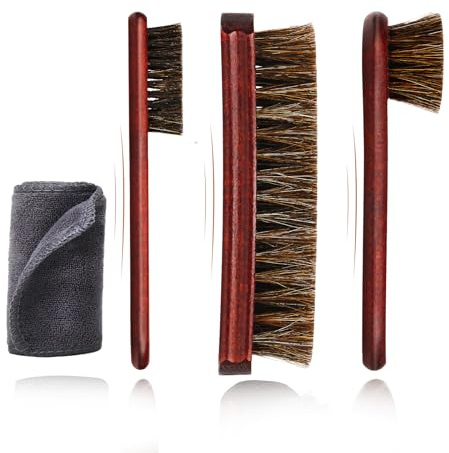 Kit 4 Pièces Brosse à Chaussures 100% CRIN de Cheval Set Entretien Cuir Bois de Hêtre Nettoyage Daim Sneakers Bottes Brosse à Luire Applicateur Chiffon Polissage Doux Naturel Cadeau Homme Coffret