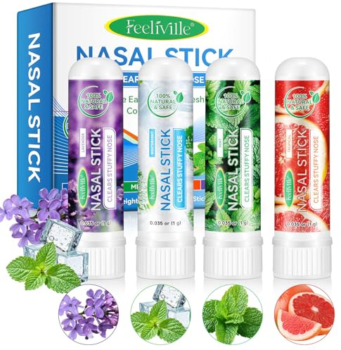 Nasal Stick 4 Pack, Nose Inhaler Stick, Nasal Inhaler, Boost Energy Set, Sinus & Blocked Nose Relief, Daily Relaxation, Stress Relief, Natural Mood Boost, Travel Friendly, Cool Refreshing Sensation