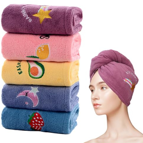 Dhisperares 5 Stück Haarhandtuch, Turban Handtuch mit Knopf, Super Saugfähig Handtuch Turban Damen Mädchen, Korallenfleece Im Twist-Stil Haare für Langes, Kurzes, Lockiges und Glattes Haar