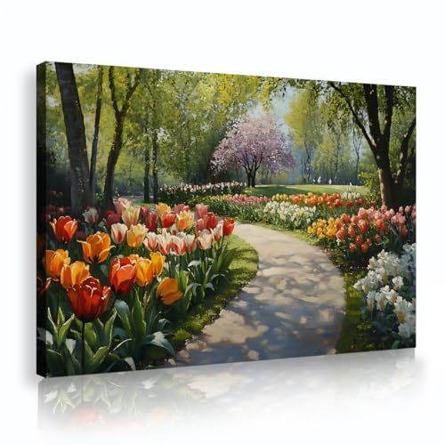 UIRINGART Primavera Giardino Sentiero Tela di canapa Natura Paesaggio Immagini Stampe di opere d'arte Tulipani colorati Paesaggio floreale Poster Pittura per Cafe Decor 80x125cm telaio interno