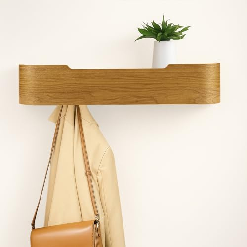 Generisch Wandgarderobe mit 5 Haken und Ablagebrett, Garderobenleiste aus Holz in Modernem Design, Stabile Wandgarderobe mit 30kg Tragkraft für Flur, Schlafzimmer und Wohnung (Eiche)