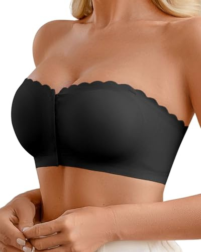 CheChury Dam axelbandslös BH push-up halkfri bralette med tydliga remmar avtagbar frontfästande BH bandeau tub bralette flervägs, Svart, S