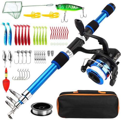 PLCatis Kit de Pesca para Niños 55 Piezas Completo Caña de Pescar Telescópica 1,8m con Carrete Señuelos Red y Bolsa de Transporte Set de Pesca Infantil para Principiantes Niños y Niñas Desde 3 Años