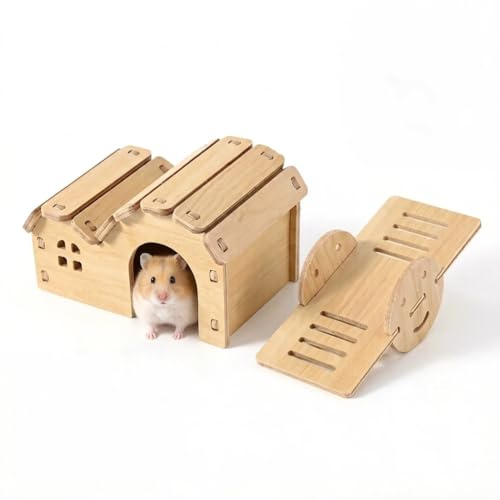 RARITYLL 2 Pcs Hamster Hideout House & See-Saw Set, Natural Wood Hamster Toy, Cozy Hide and Playful Rocker for Syrian Hamster, Dwarf, Gerbils, Mice - Cage Decor & Enrichment Accessories