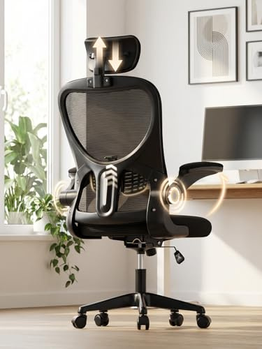 Office Chair, Ergonomic Desk Chair with Adjustable Lumbar Support & Headrest, High-Back Mesh Computer Chair with Flip-Up Armrests, Padded Seat Cushion for Home Office, Executive Swivel Task Chair