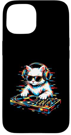 Custodia per iPhone 15 Cool DJ Cat Music Mixing Cuffie Giradischi Design