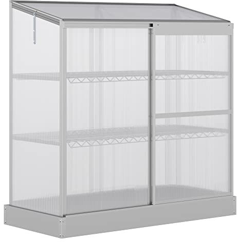 Outsunny 3 Tier Greenhouse Garden Outdoor Cold Frame Plant Flower Growth Transparent Polycarbonate Board Openable Roof Sliding Door w/ Foundation 131L x 58W x 140H cm