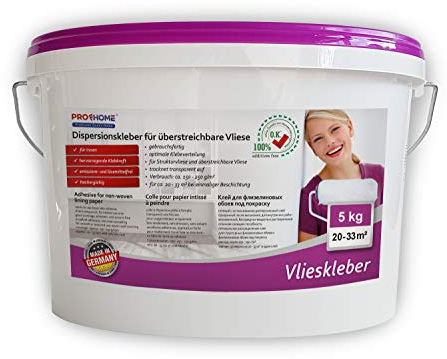 Profhome Vlieskleber 5kg Fertig-Kleber für Malervlies Renoviervlies Anstrichvlies Vlies Gewebe-Tapeten konservierungsmittelfrei Milchtrüb transparent auftrocknend max 33 qm