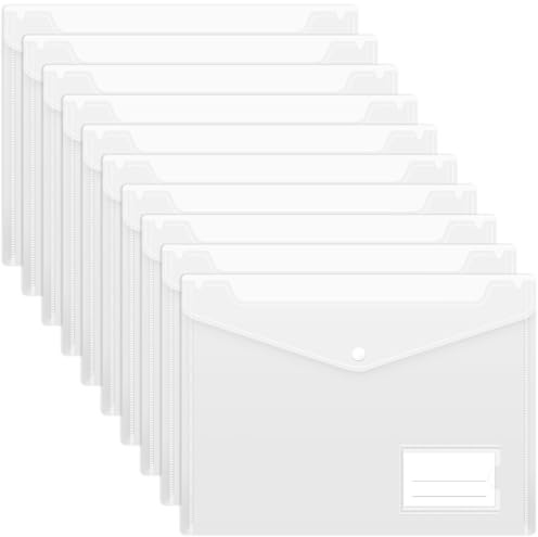 Clear Plastic Wallets - 10 Pack A4 Plastic Folders Document Files Envelope - Popper Wallets with Label Pocket and Snap Button for School Office Homework Travel