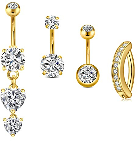 Zolure Belly Button Ring Dangling Gold Hoop Clicker Belly Piercing Jewelry for Women 14g Surgical Steel Dangle Dangly Hypoallergenic Diamond Belly Button Rings