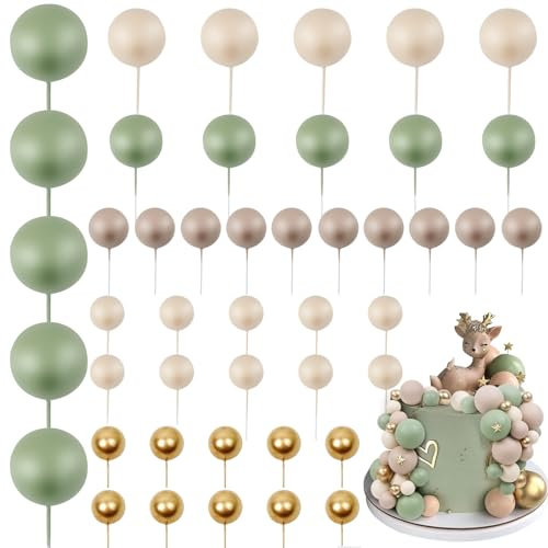 LARDUX 45 PCS Ball Cake Toppers - Baking Cake Decorations DIY Mini Balloon Cupcake Insert for Birthday Party Baby Shower Wedding - Green Brown