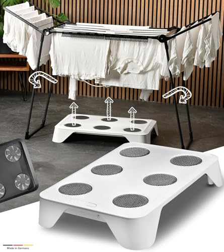 HEYDRY® Wäschetrockner für Wäscheständer: schnell & energiesparend trocknen - Trockner Alternative mini, Made in Germany, klein, mobil, Ventilator, kompakt, schonend zu jeder Wäsche, Lüfter - weiß