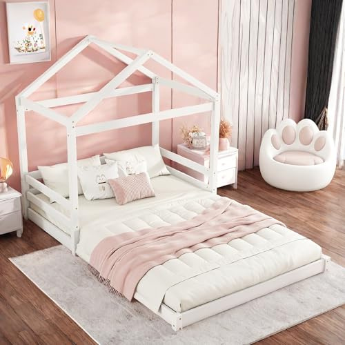 Sapgaks Lit Cabane Enfant 140x200, Superposé, Mezzanine 1 Place, Avec Barrière, Pour Garçon Fille, En Forme de Maison Avec Sommier à Lattes, Blanc (Sans Matelas)