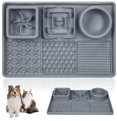 Slow Feeder Bowl Anti-slip Licking Mat for Medium Dogs and Puppies, Slow Feeding Lick Mat for Dogs and Cats Training Anxiety Boredom Relief (Grey)