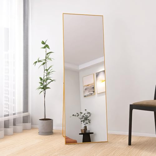 Henunem Stående spegel 162x53 cm helkroppsspegel, robust, modern, stor väggspegel, stående eller hängande, ram av aluminiumlegering, härdat glas, för sovrum, vardagsrum (guld)