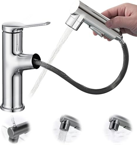Robinet de cuisine en argent galvanisé, basse pression avec douchette extractible, mitigeur monocommande avec douchette 3 modes, extensible, robinet de lavabo avec bec pivotant