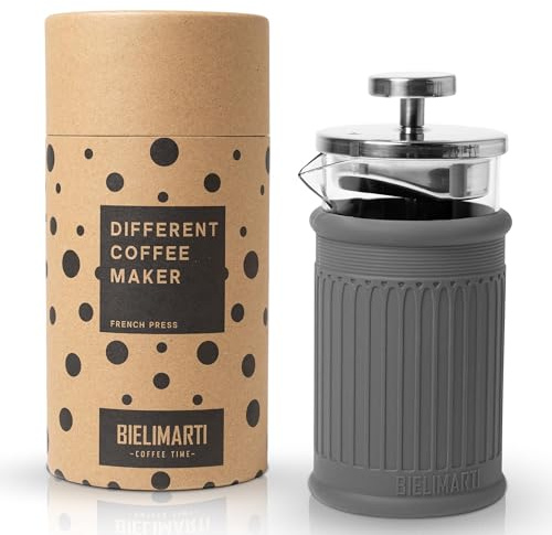 BIELIMARTI Cafetera de Prensa Francesa, 350 ml, Vidrio Borosilicato, Funda de Silicona Térmica,french press,cafetera de embolo (gris)
