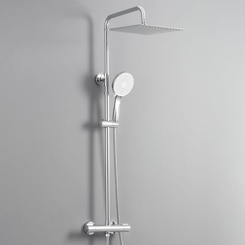 DERW Thermostatic Shower Mixer Set with 12 Square Rainfall Shower Head, 5-Mode Round Handheld Shower with Rotating Bracket, Anti-Leak Hose,Easy Install, Suitable for Bathrooms (Chrome)