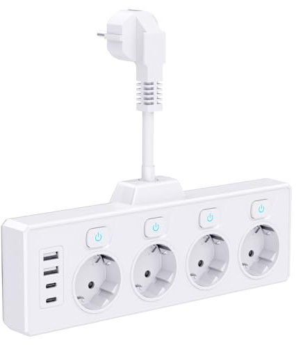 Regletas Enchufes Proteccion Sobretension, Regleta 4 Tomas con 4 USB Carga rápida, Ladron Enchufes con Interruptor, Protección contra Sobretensiones, 3680 W, 16 A, Enchufe Pared Cable Corto,Blanco