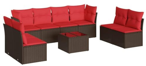 vidaXL Garten Sofa Garnitur 9-TLG., Gartenmöbel Set mit Kissen, Sitzgruppe für Garten Terrasse, Modular Gartensofa Lounge, Tisch mit Glasplatte, Braun Poly Rattan